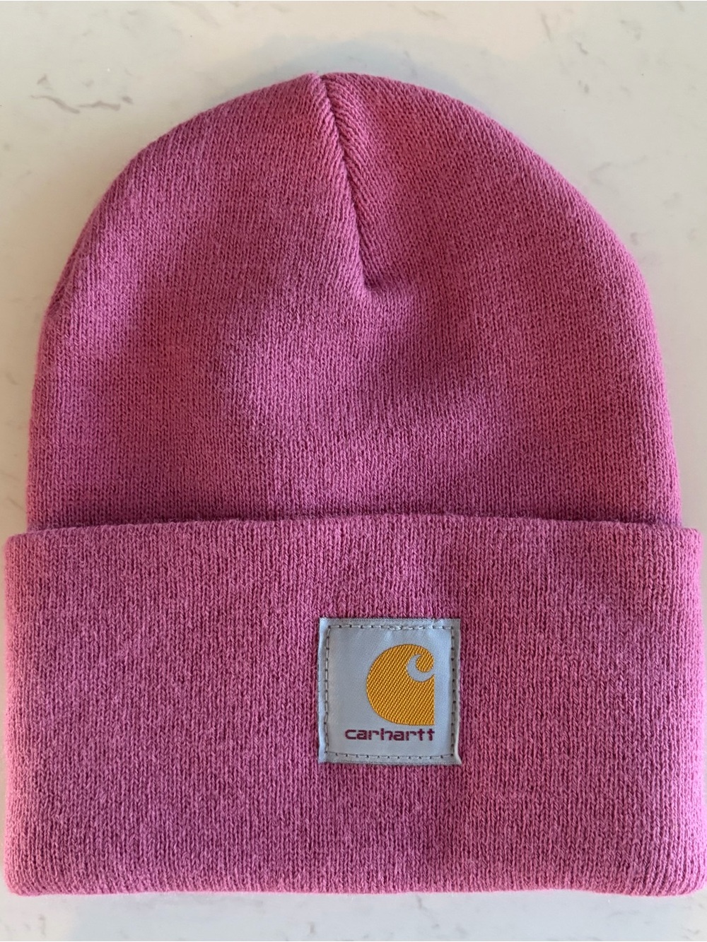 Carhartt Pink Cuffed Beanie with Yellow Logo Patch